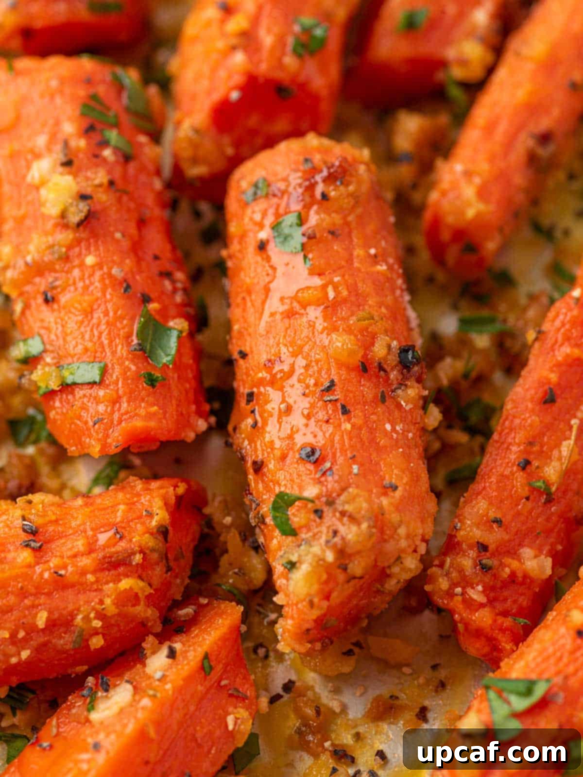 Close up of perfectly glazed and crispy carrots with parmesan cheese.