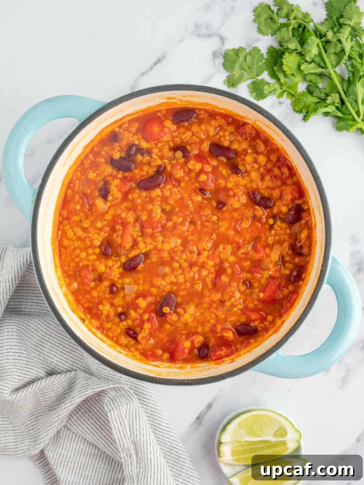 Hearty Plant-Based Lentil Chili 6 A rich, thick meatless chili, studded with lentils and beans, simmering gently in a rustic Dutch oven, steam rising invitingly.