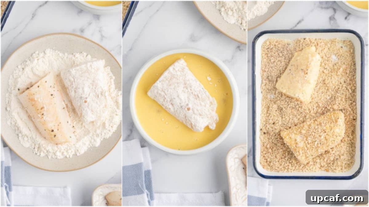 Demonstration of dredging fish through flour, egg wash, and panko breadcrumbs.
