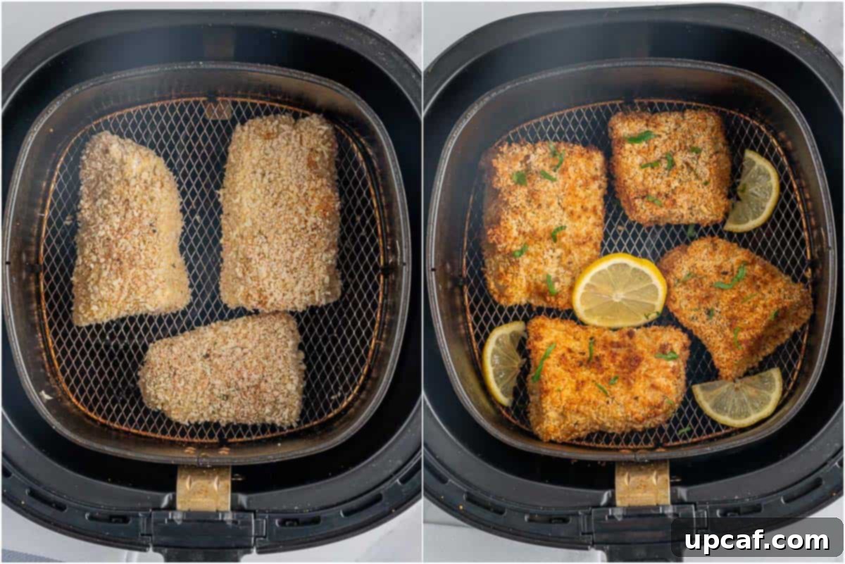 Crispy panko-crusted cod cooking in an air fryer basket.