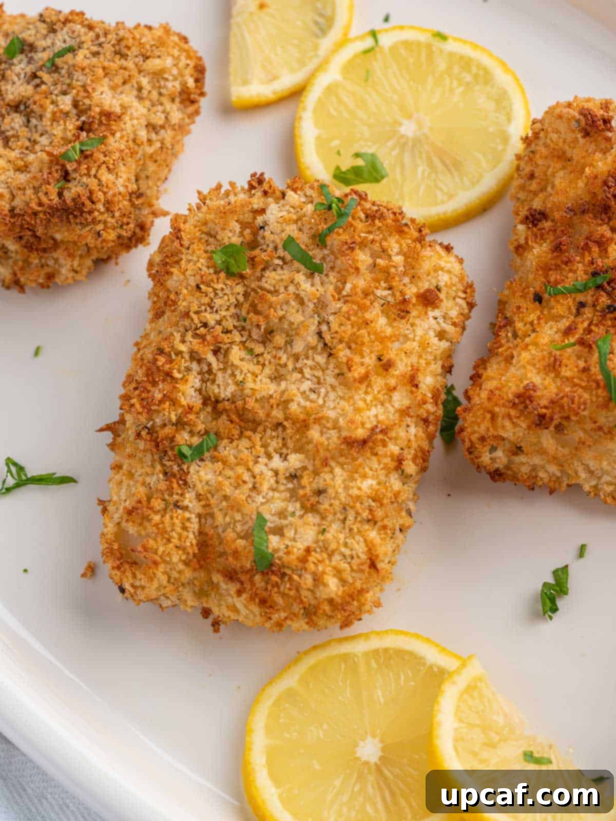Several pieces of crispy air fryer cod served on a plate with fresh lemon wedges and parsley.