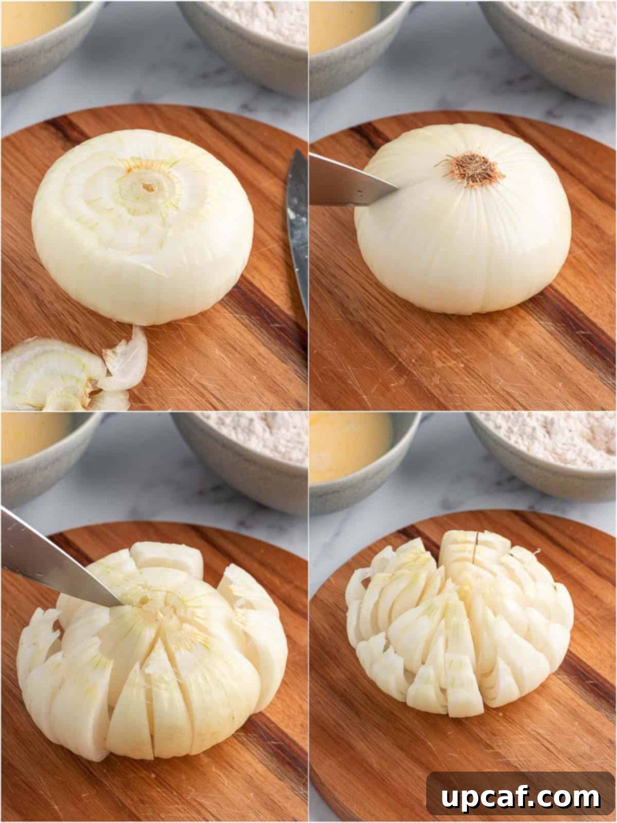 Steps to cut and onion for an awesome blossom.