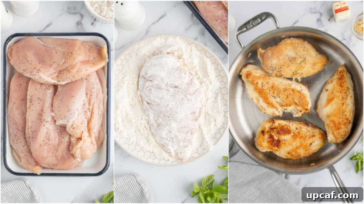 Effortless Marry Me Chicken Perfection 4 A hand flouring a chicken breast in a bowl as part of the Marry Me Chicken preparation.