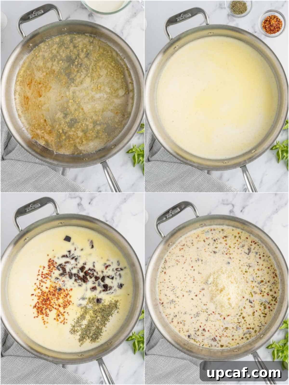 Effortless Marry Me Chicken Perfection 5 Close-up of a creamy chicken recipe sauce simmering in a skillet with sun-dried tomatoes and herbs.