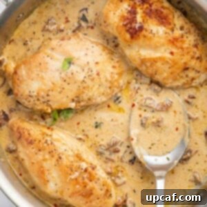 Effortless Marry Me Chicken Perfection 8 One skillet chicken and sundried tomatoes with a serving spoon.