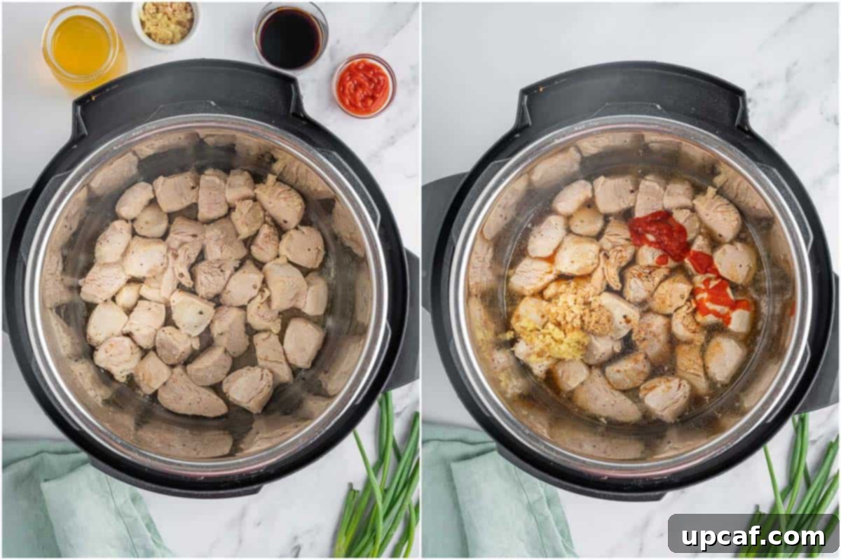 Seasoning chicken in instant pot with sauce and garlic.