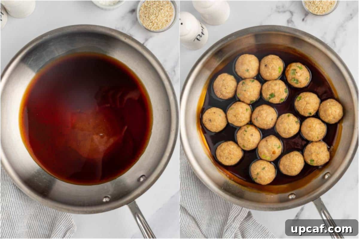 Baked meatballs being tossed in a skillet with the homemade teriyaki sauce.