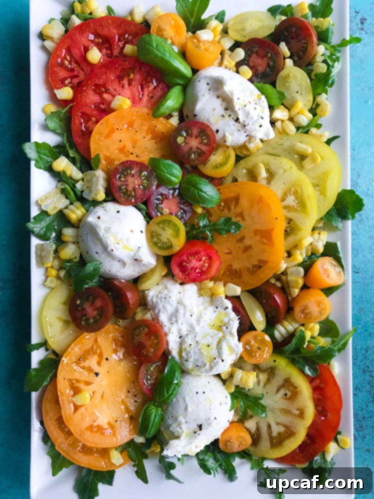 Burrata Tomato Bliss 3 top down shot of Tomato and Burrata Salad on a plate