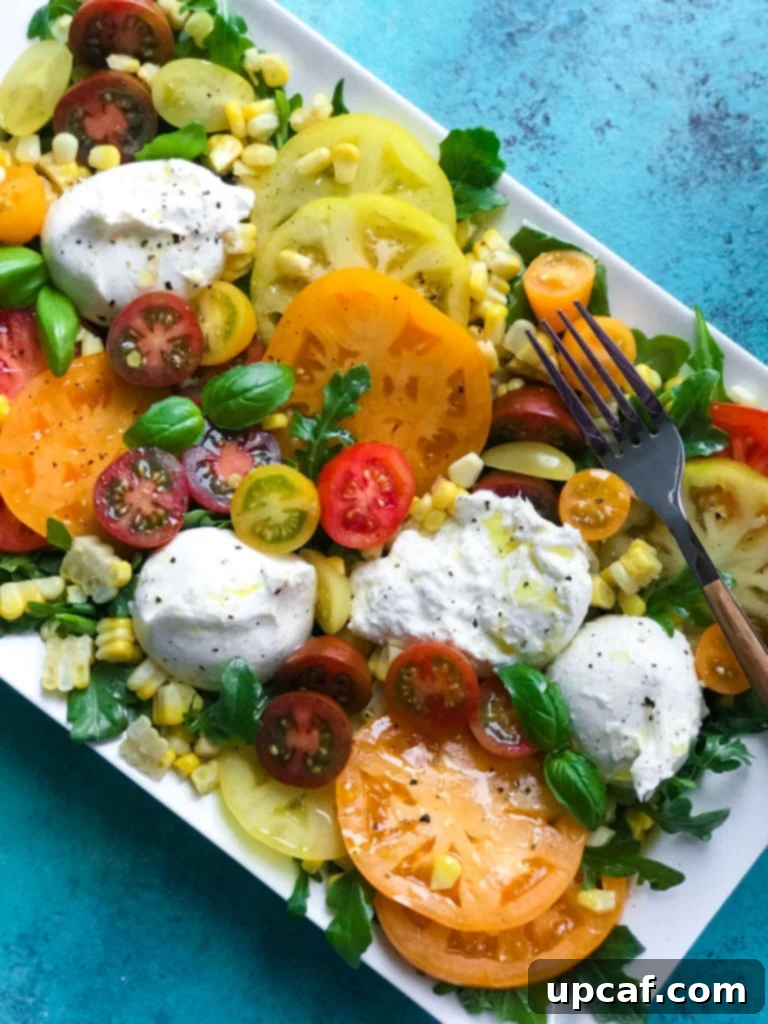 Burrata Tomato Bliss 4 close up of tomatoes and burrata on a plate