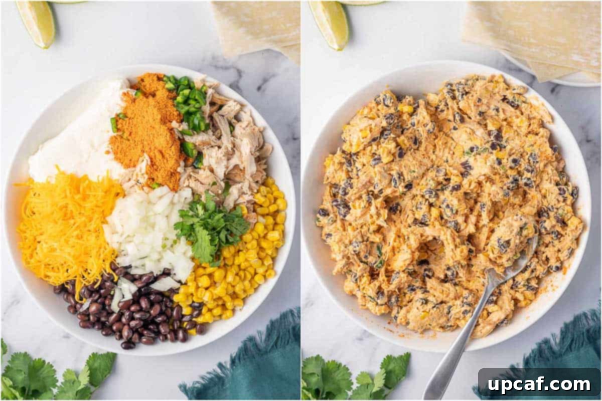 Close-up showing how to make the creamy, flavorful filling for southwest egg rolls in a large bowl.