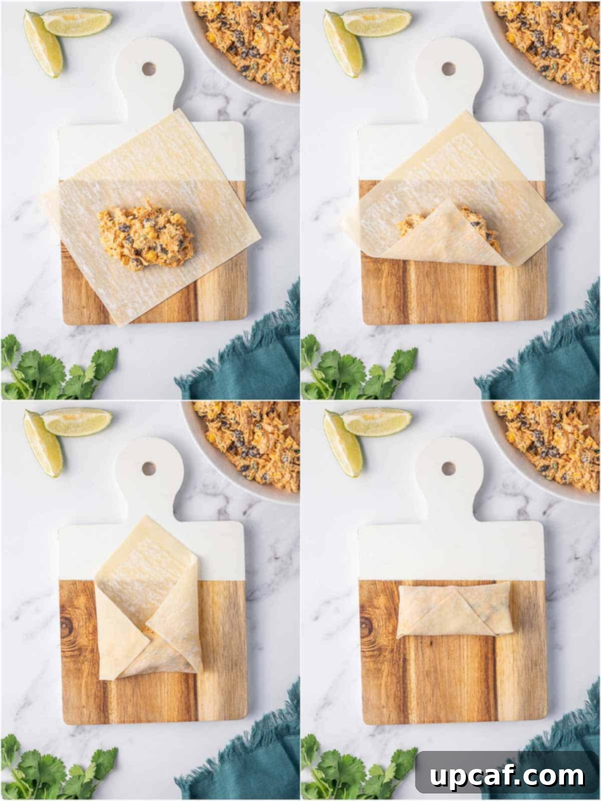 Step-by-step photographic guide on how to fill and expertly roll egg rolls for air frying.