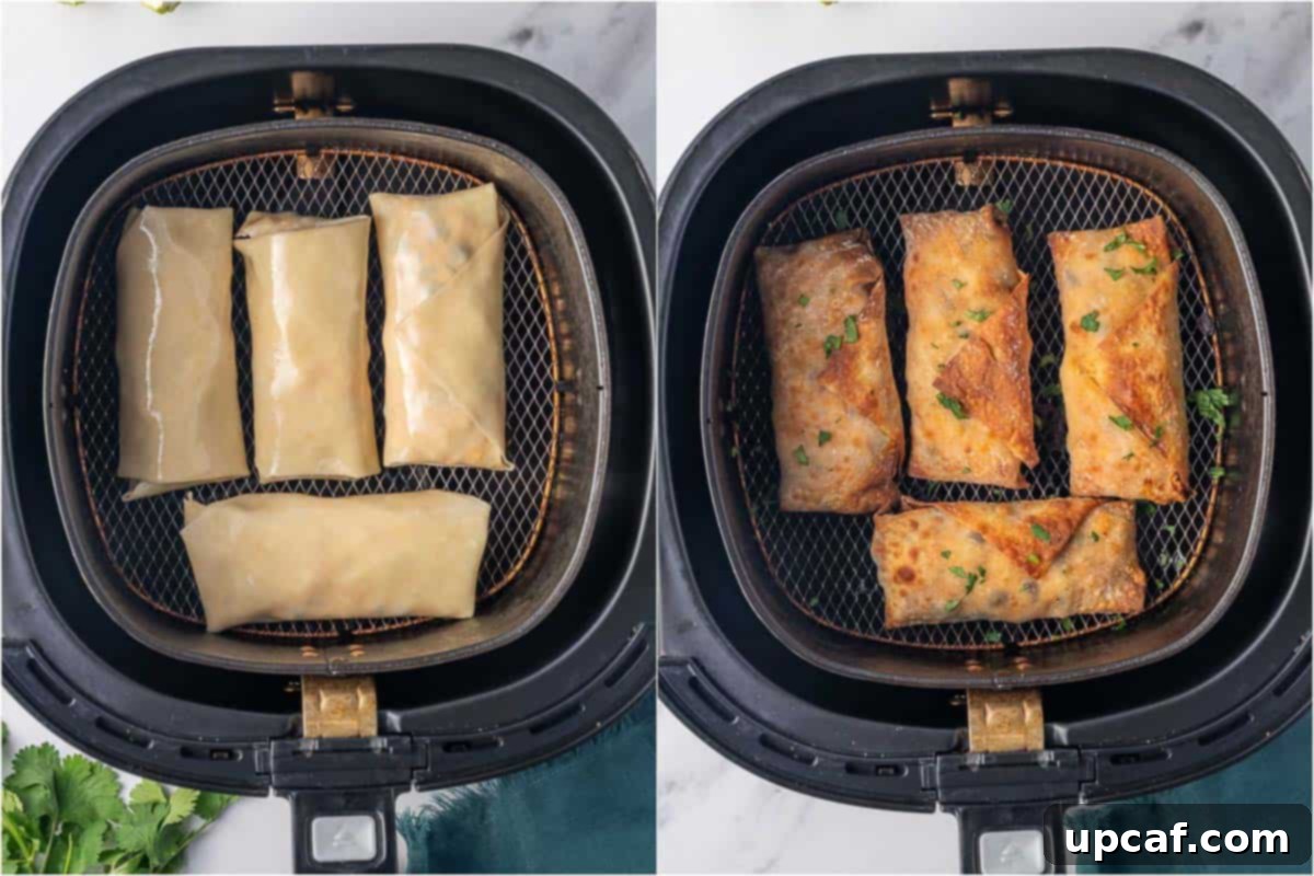 Before and after comparison of southwest egg rolls cooked in an air fryer, showcasing their golden transformation.
