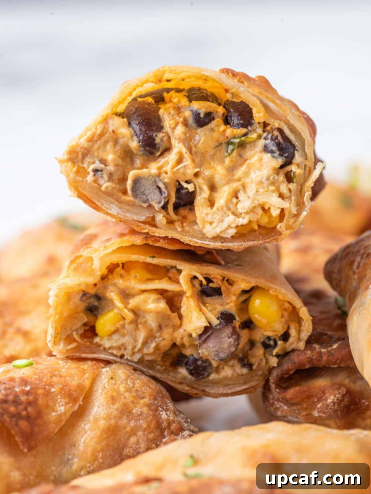 A southwest egg roll cut in half, revealing its creamy and colorful filling.