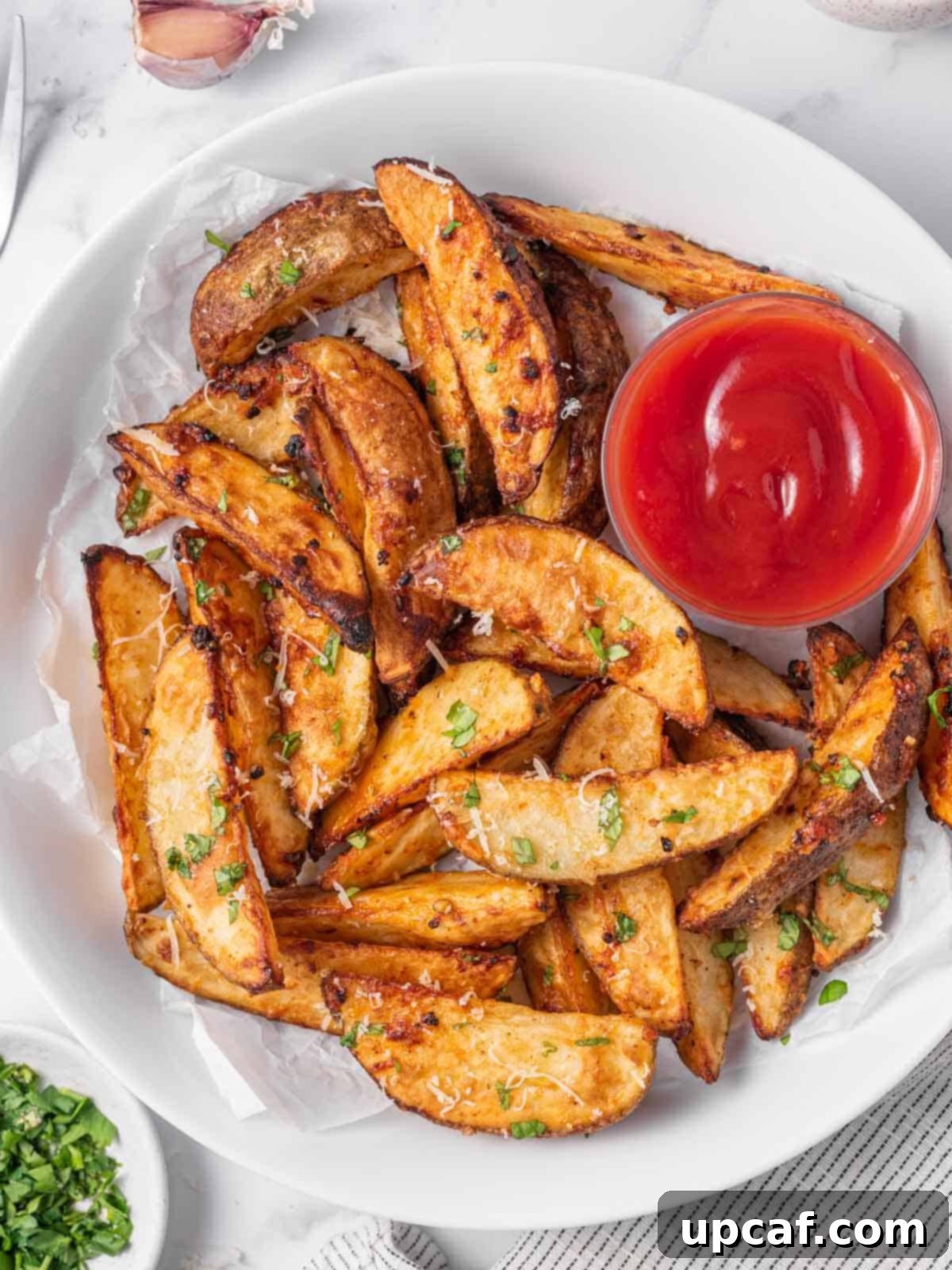A plate of perfectly golden and crispy air fryer potato wedges, ready for dipping in ketchup.