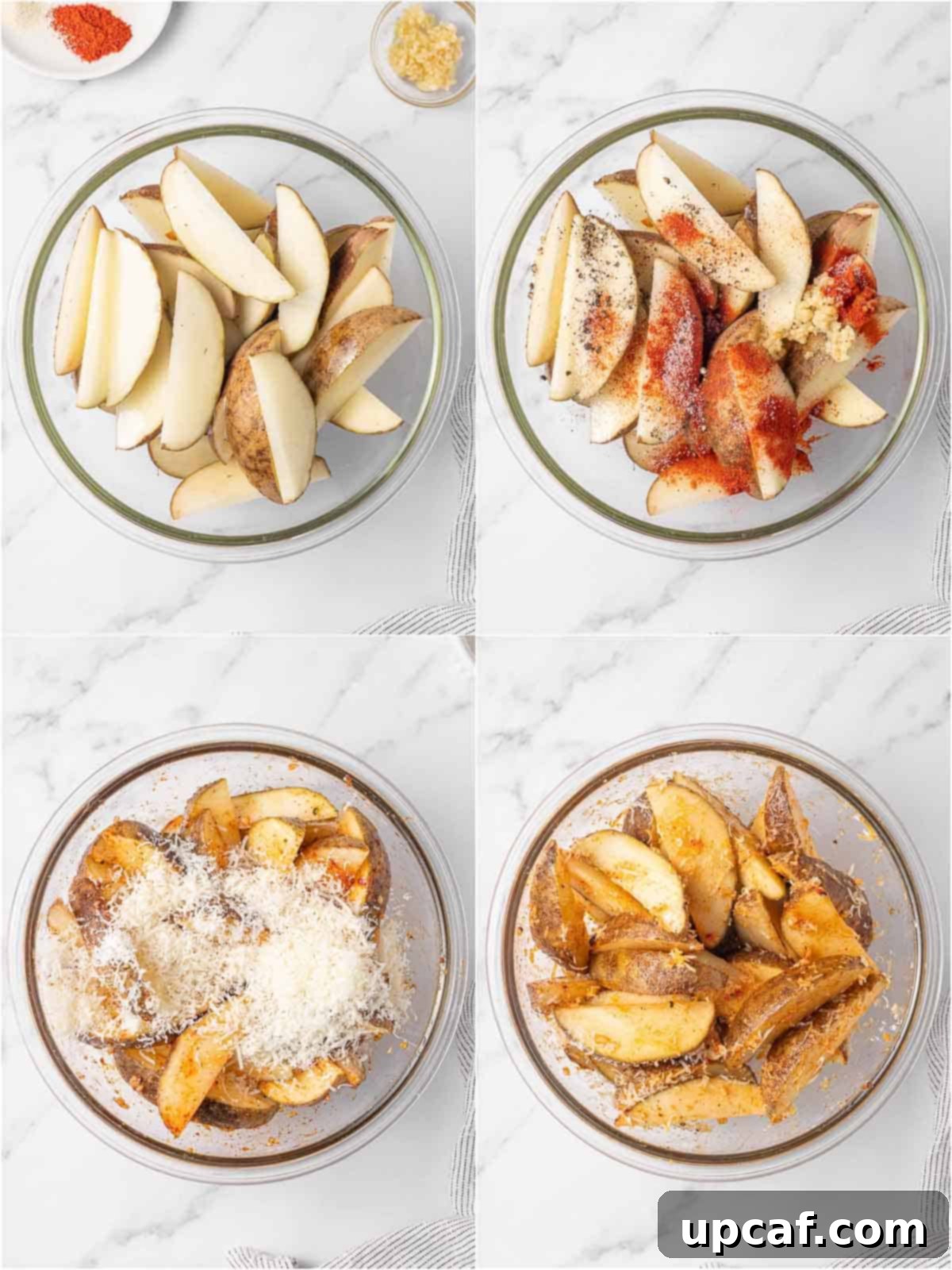 A visual guide demonstrating the step-by-step process of cutting and seasoning potatoes into wedges before air frying.