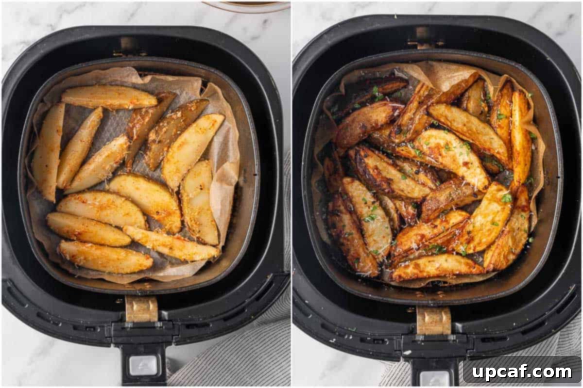 A before and after comparison of parmesan potato wedges in an air fryer basket, showcasing the transformation from raw to perfectly golden and crispy.