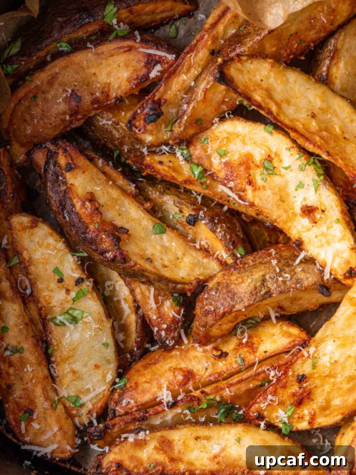 A delectable pile of crispy parmesan potato wedges, ready to be enjoyed as a side or snack.