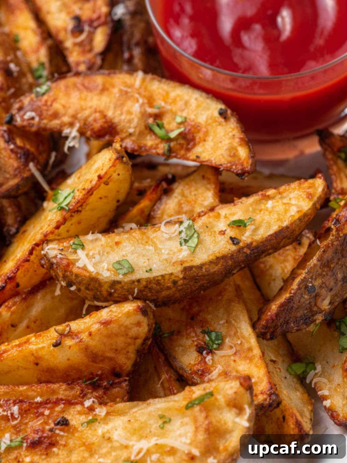 A close-up shot of crispy parmesan potato wedges, perfectly golden brown, with one wedge dipping into a dollop of bright red ketchup.