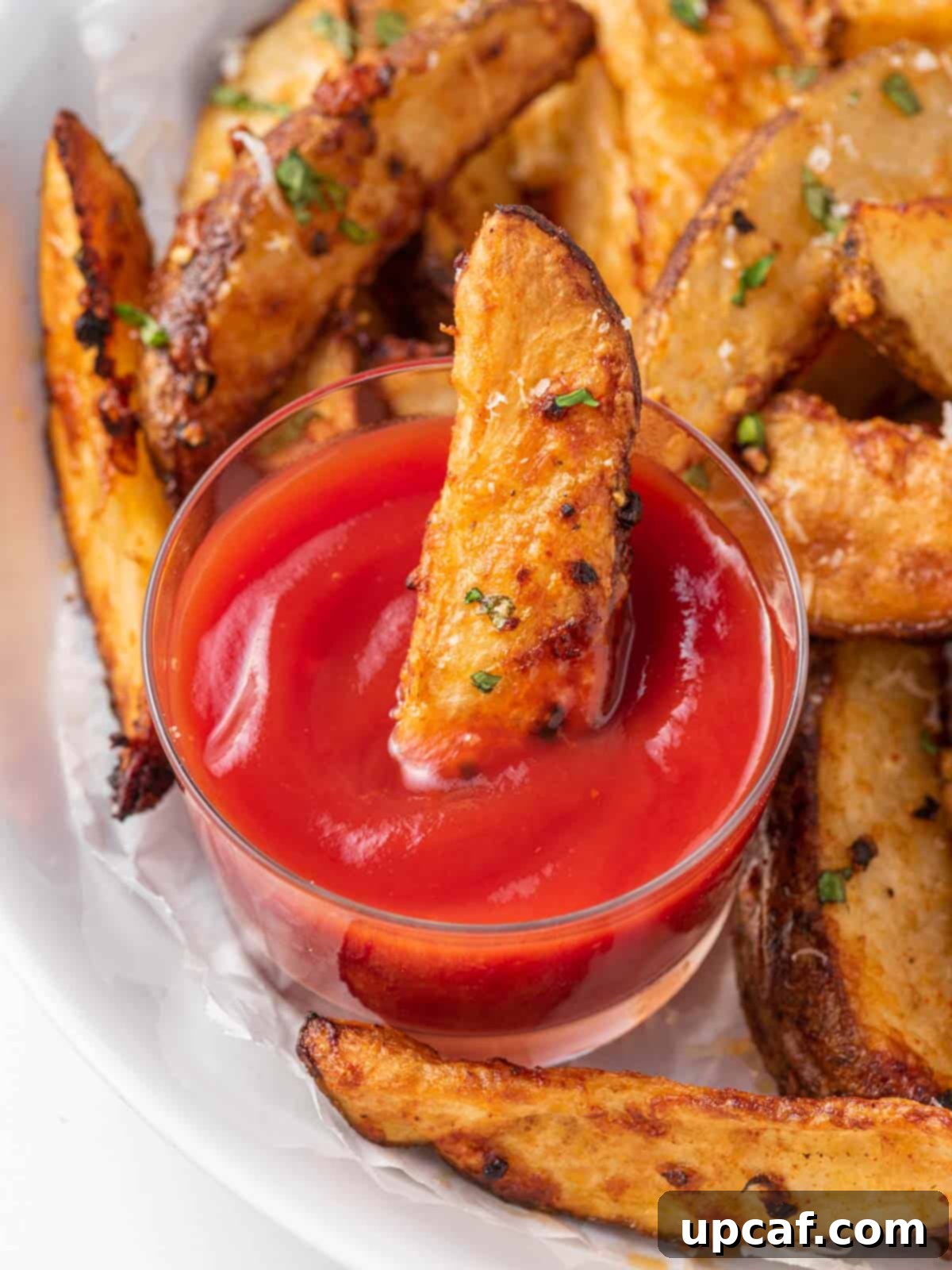 A beautifully arranged plate of crispy potato wedges, with one dipped enticingly into a small bowl of ketchup, highlighting their golden-brown perfection.