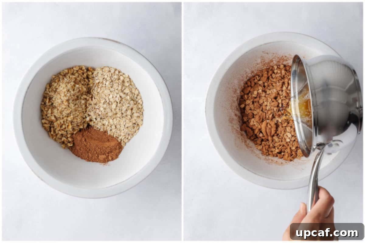 A bowl of dry ingredients, including oats, walnuts, and cocoa powder, mixed together for a simple granola recipe.