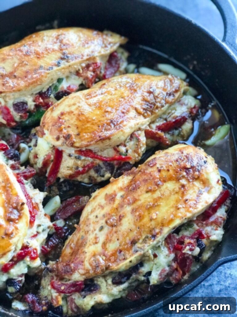 Freshly Baked Cheesy Sundried Tomato Stuffed Chicken Cheesy Sundried Tomato Stuffed Chicken in a skillet, freshly baked