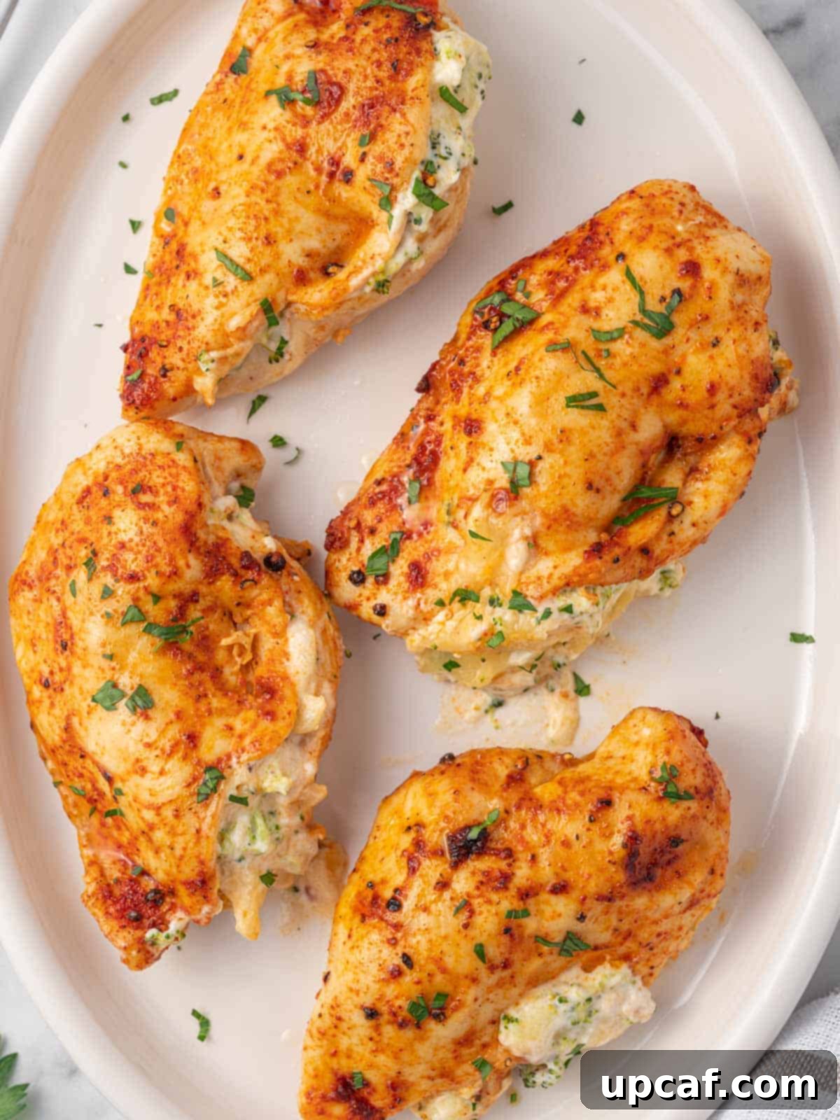 Several pieces of air fryer chicken breast rest on a plate, garnished with fresh herbs.