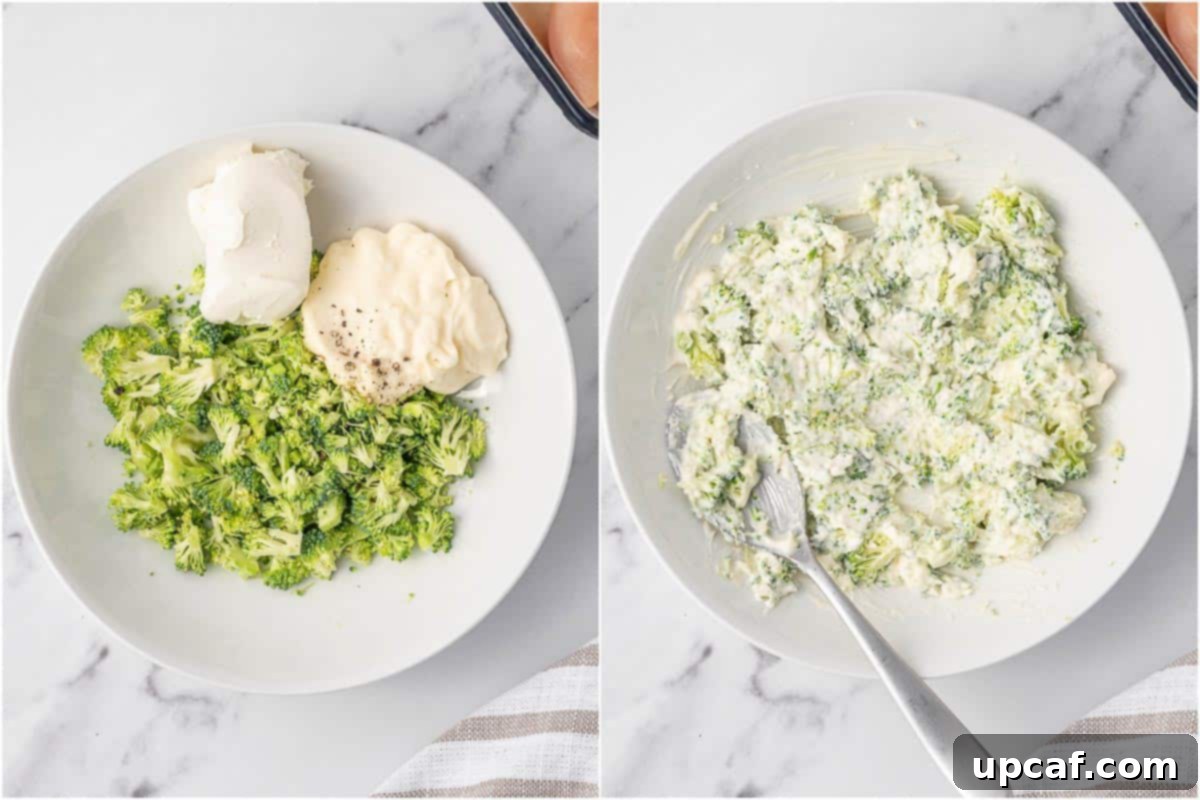 Process of mixing the broccoli cheese stuffing in a bowl.