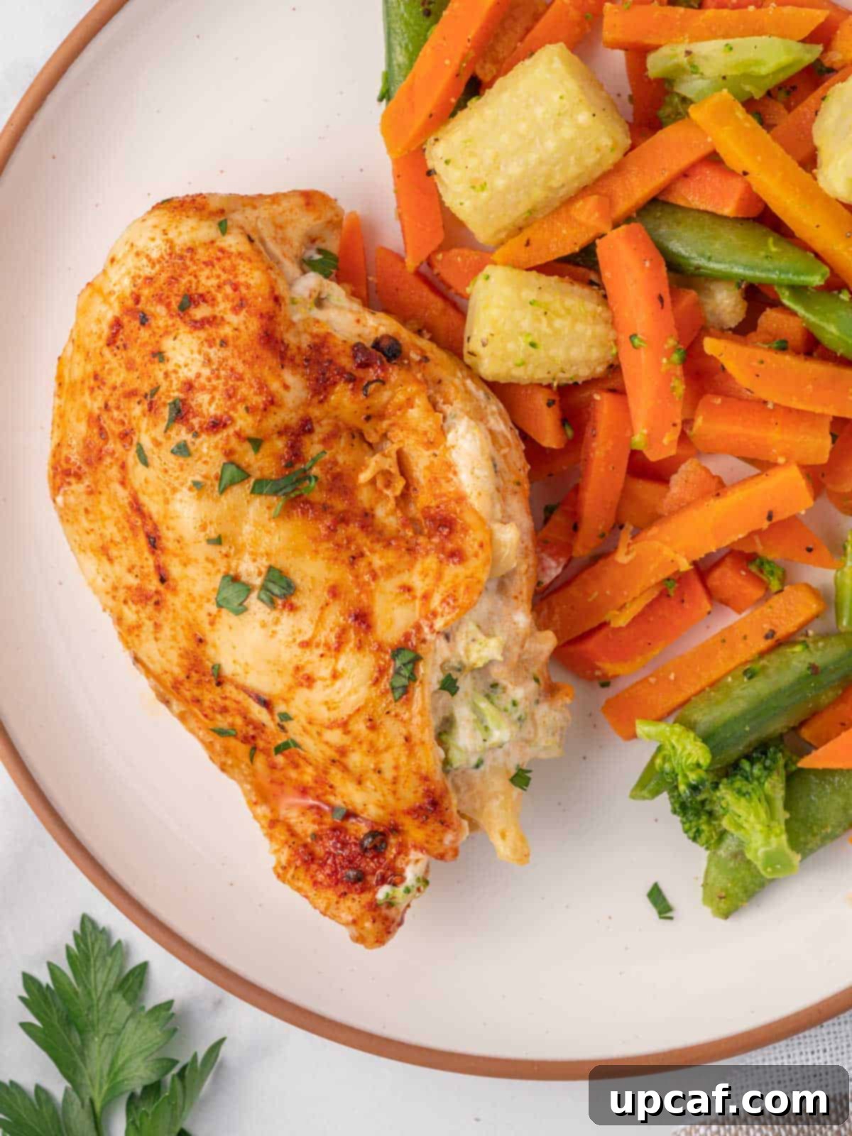 Air Fryer Broccoli stuffed chicken on a plate with an assortment of fresh veggies.