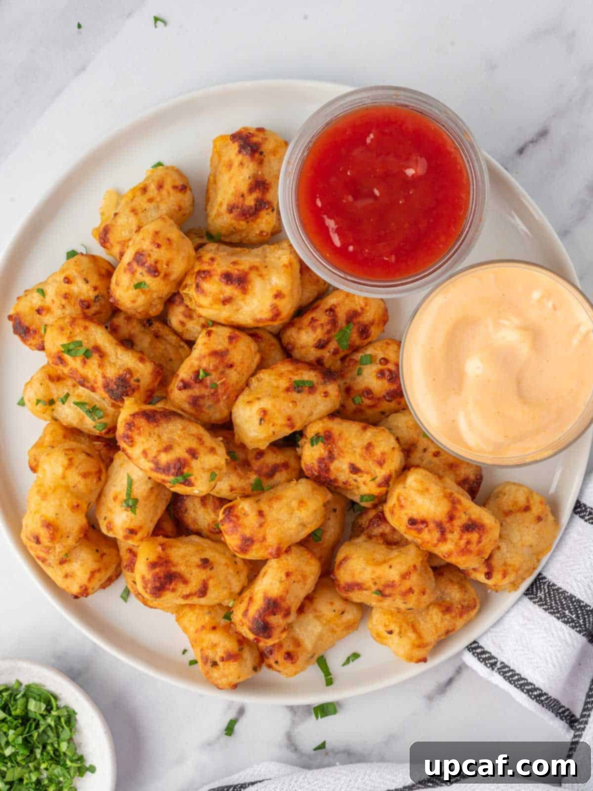 Gooey Crispy Air Fried Tater Tots 2 A plate of golden tater tots with dipping sauce.