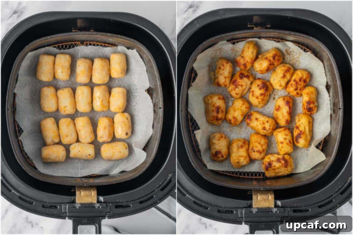Gooey Crispy Air Fried Tater Tots 7 Before and after of tater tots in air fryer.