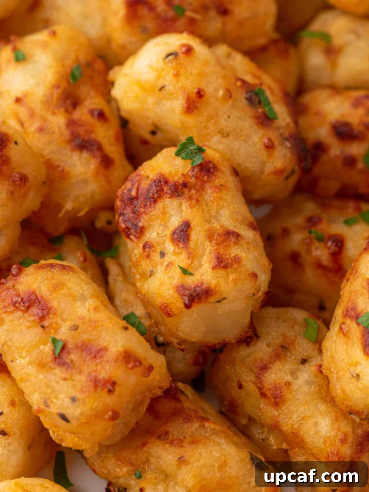 Gooey Crispy Air Fried Tater Tots 8 Homemade tater tots in a pile.