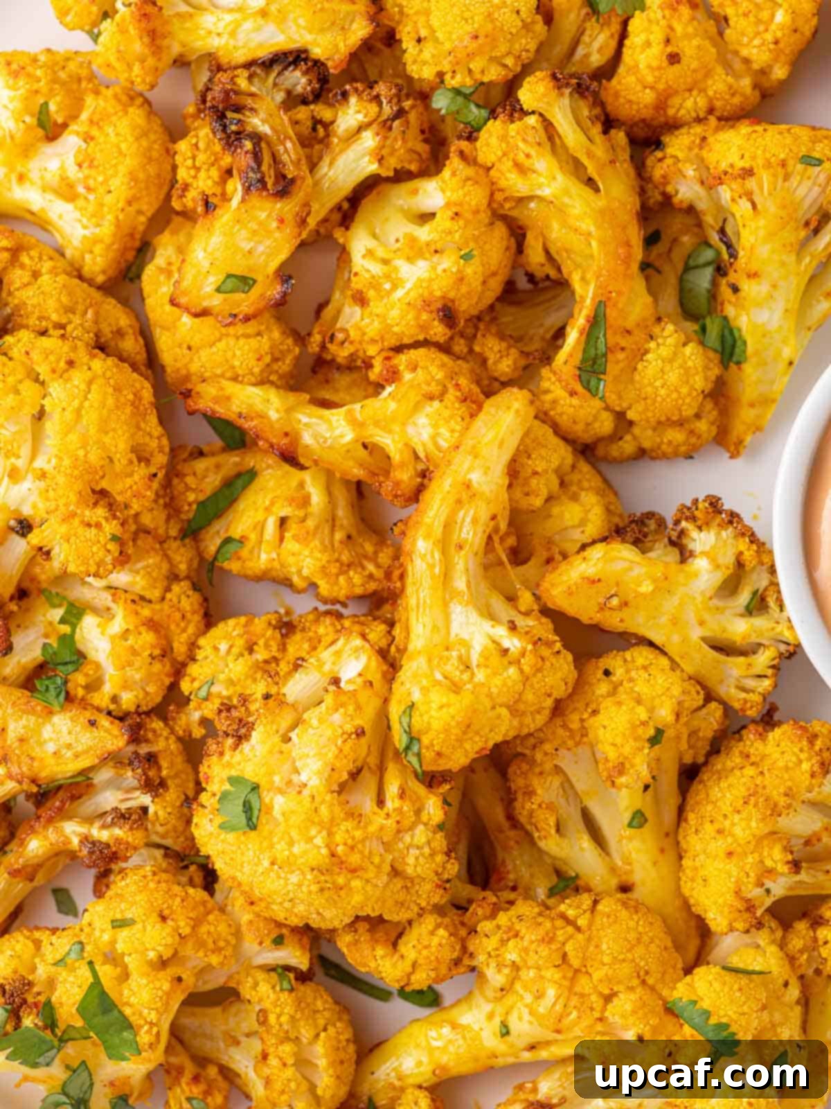 A close-up shot of perfectly golden and crispy air fryer cauliflower bites, showing their appetizing texture.