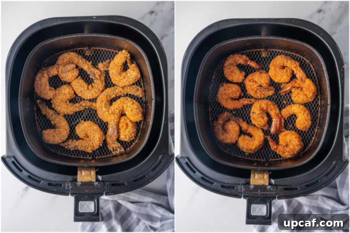 Before and after of air fryer shrimp.
