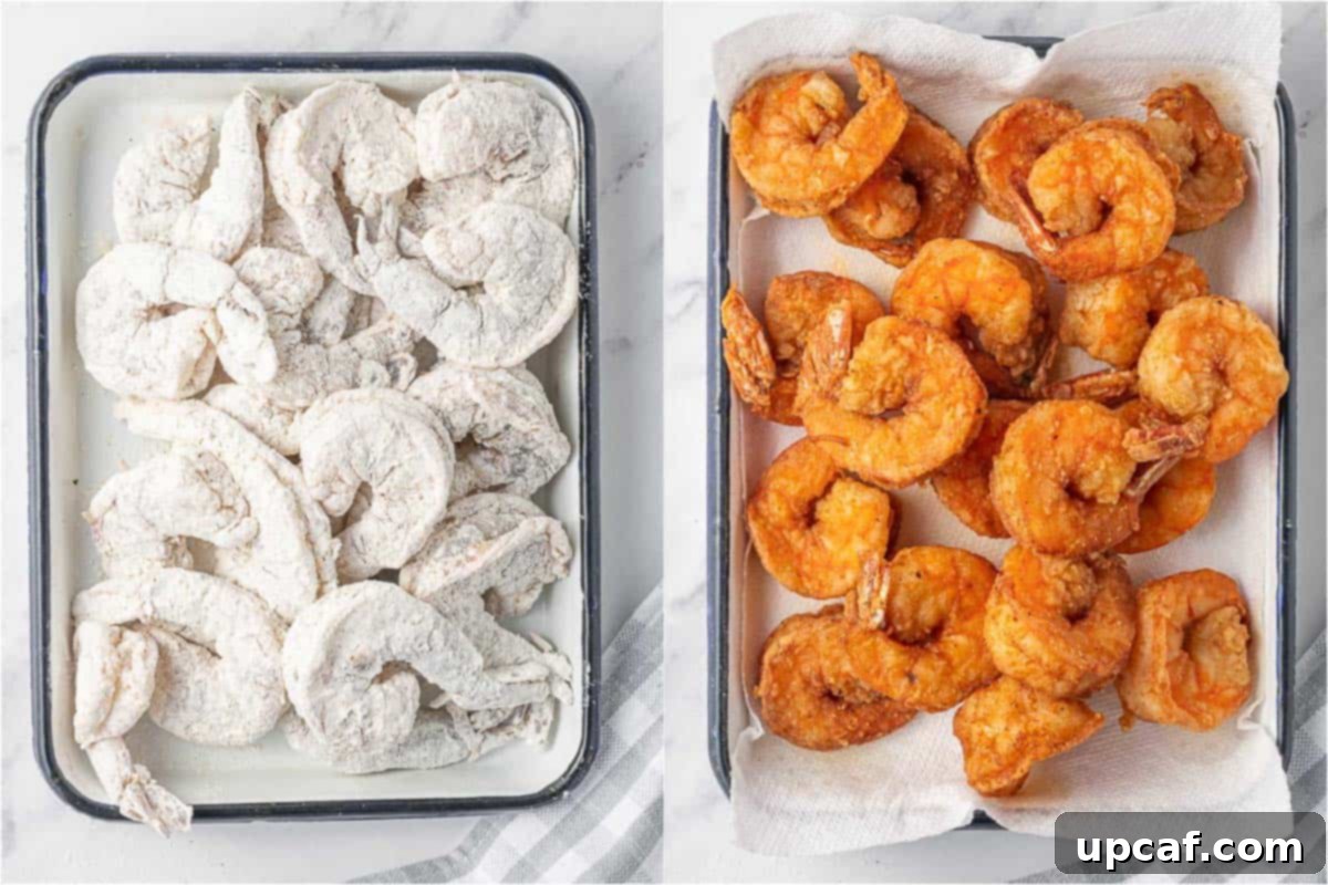 A visual comparison of raw shrimp before and after being coated in seasoning for frying.