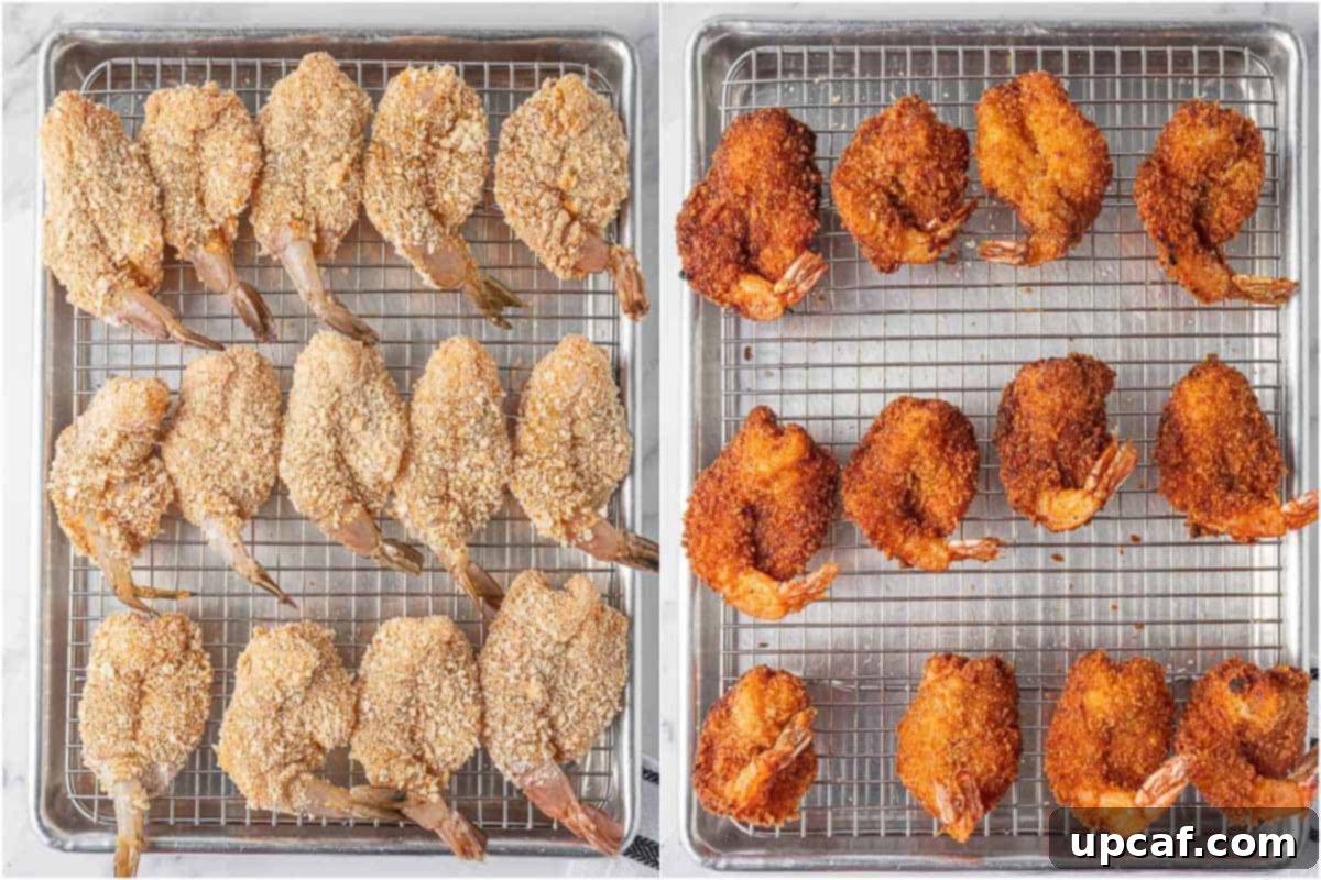 Before and after fried shrimp on a platter.