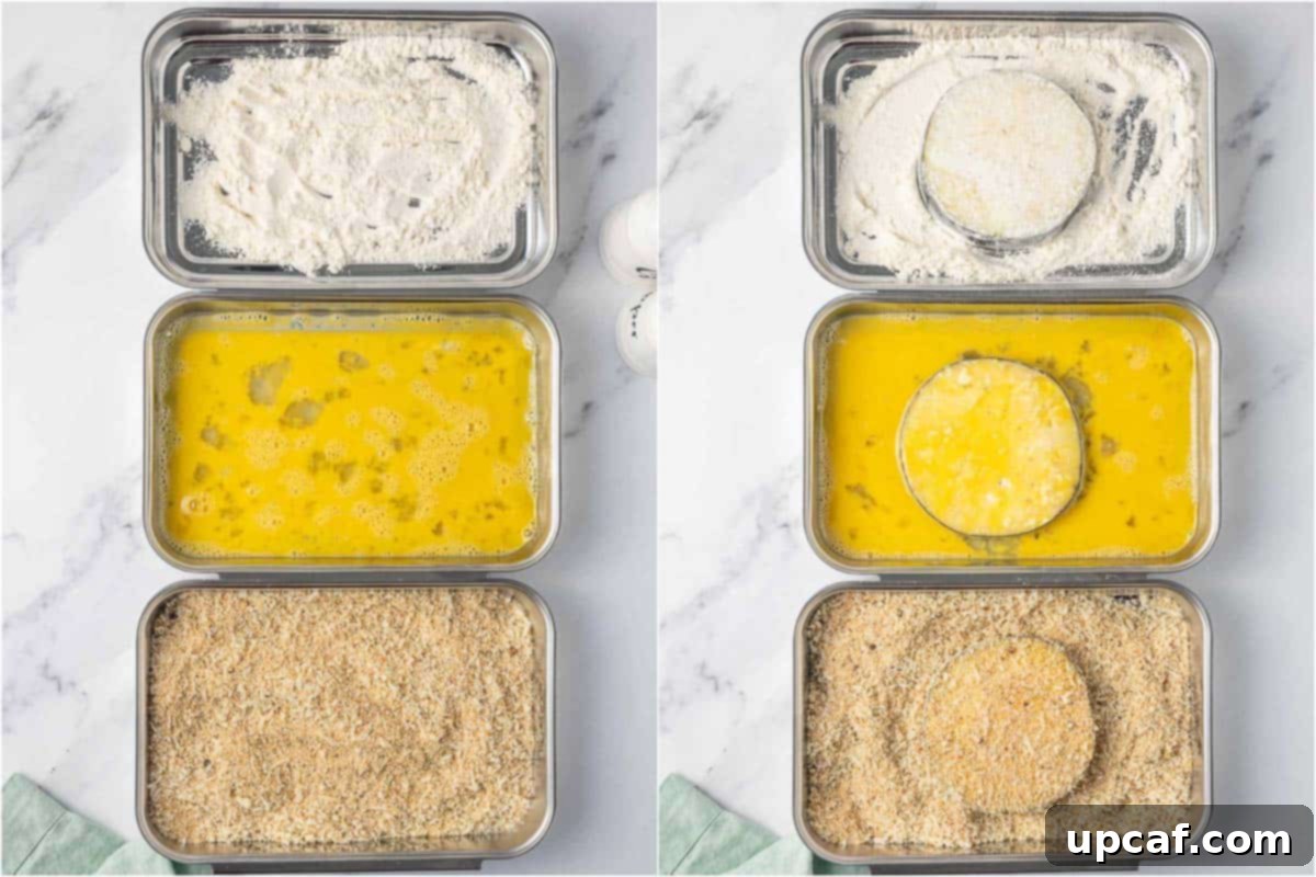 Dredging stations for breaded eggplant in the air fryer.