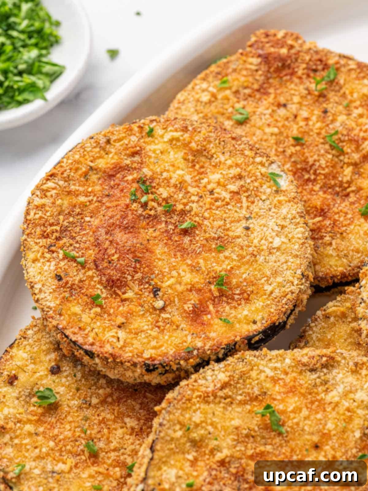 Golden, crispy fried eggplant garnished with parsley.
