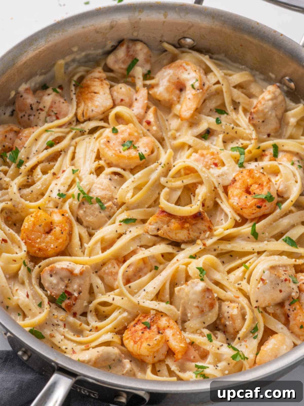 A large skillet filled with creamy chicken and shrimp alfredo pasta, ready to be served.