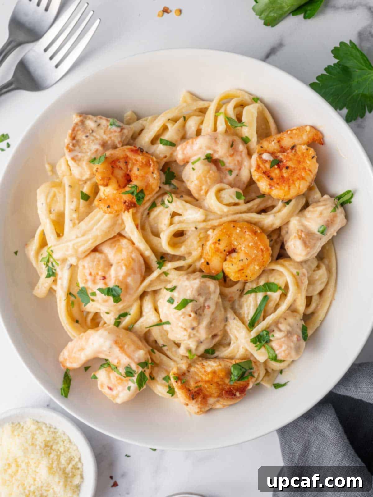 A close-up shot of a plate of creamy chicken and shrimp alfredo, ready to eat.