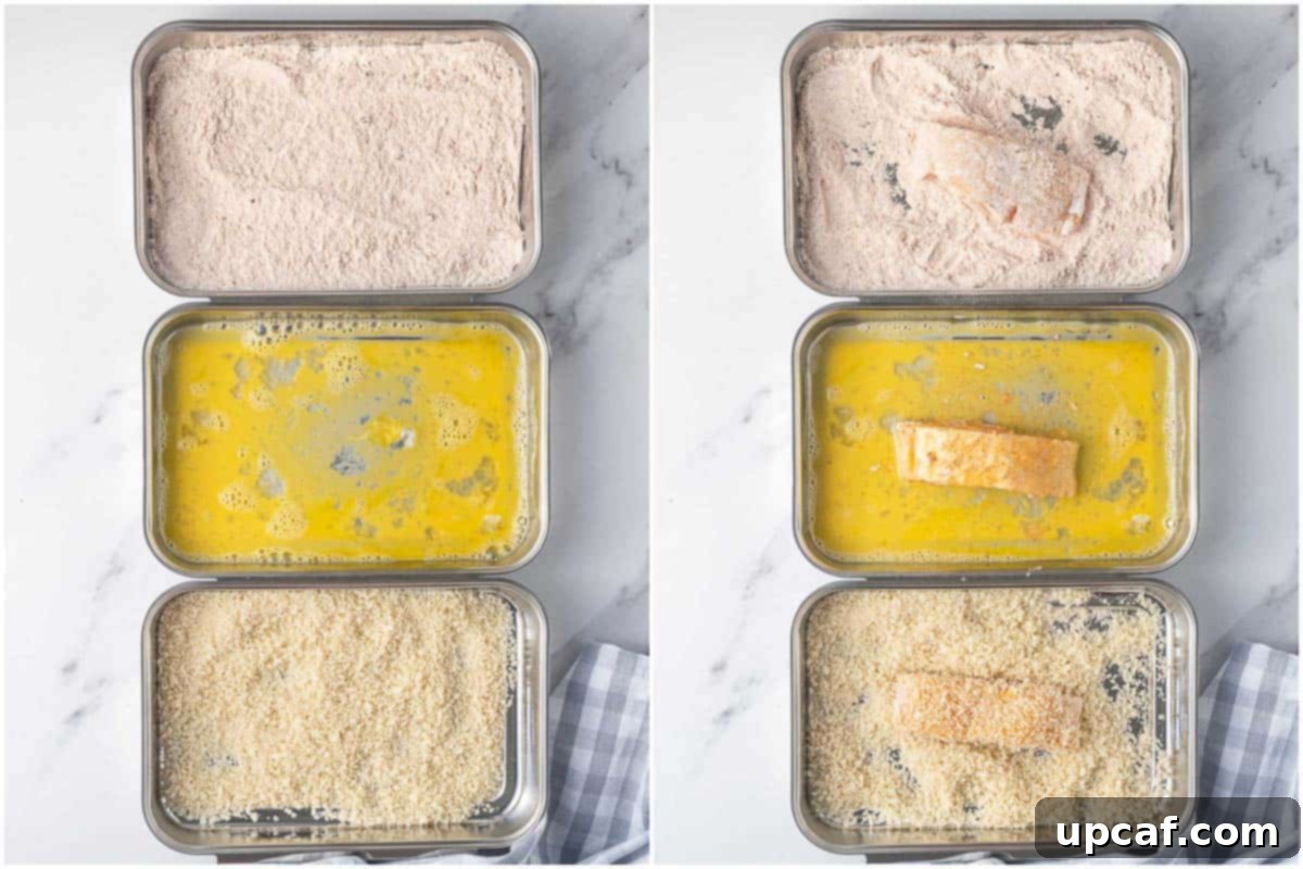 Guilt-Free Crispy Air Fryer Fish and Chips 4 Three bowls showing the breading station: flour, egg, panko breadcrumbs for fish sticks.