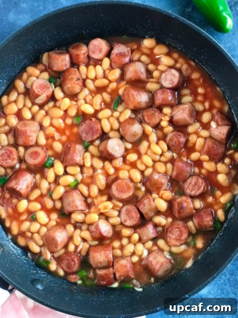 Hearty Baked Beans and Sausage Egg Brunch ready to be served