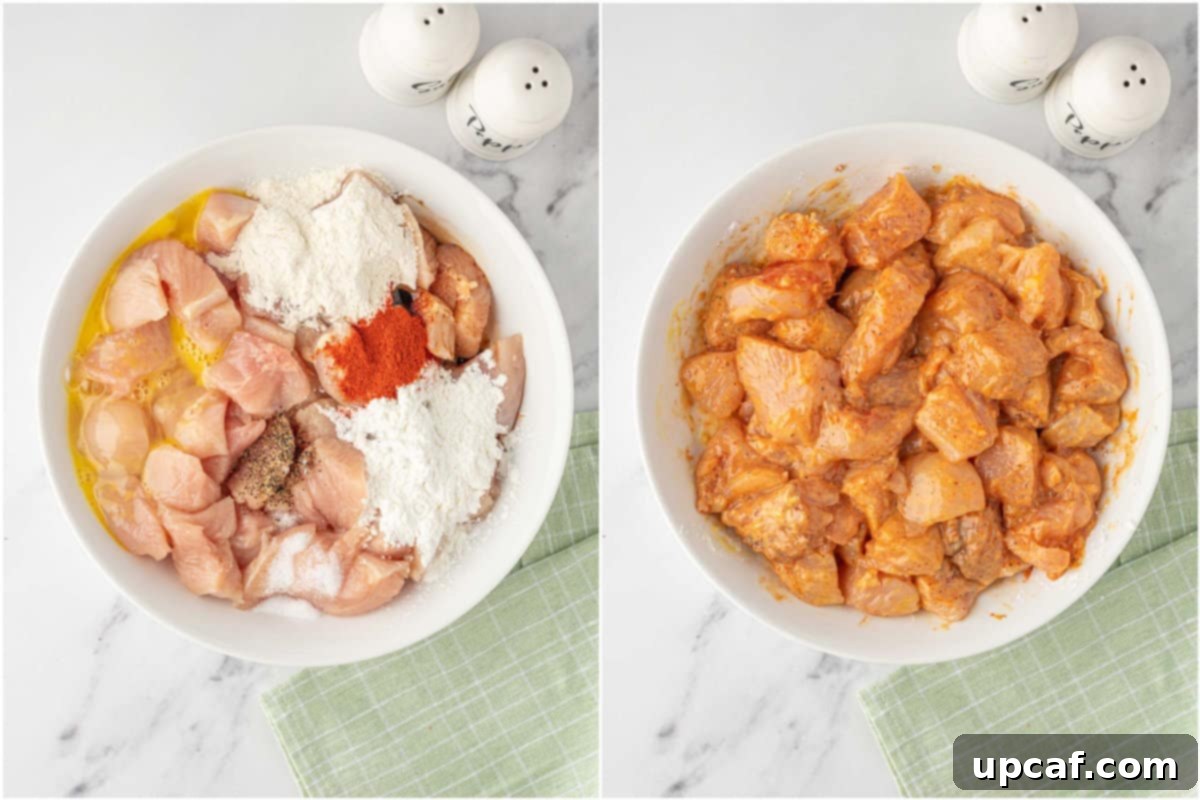 Crispy Garlic Chili Chicken 4 Diced chicken pieces thoroughly coated in a vibrant red marinade, ready for deep frying.