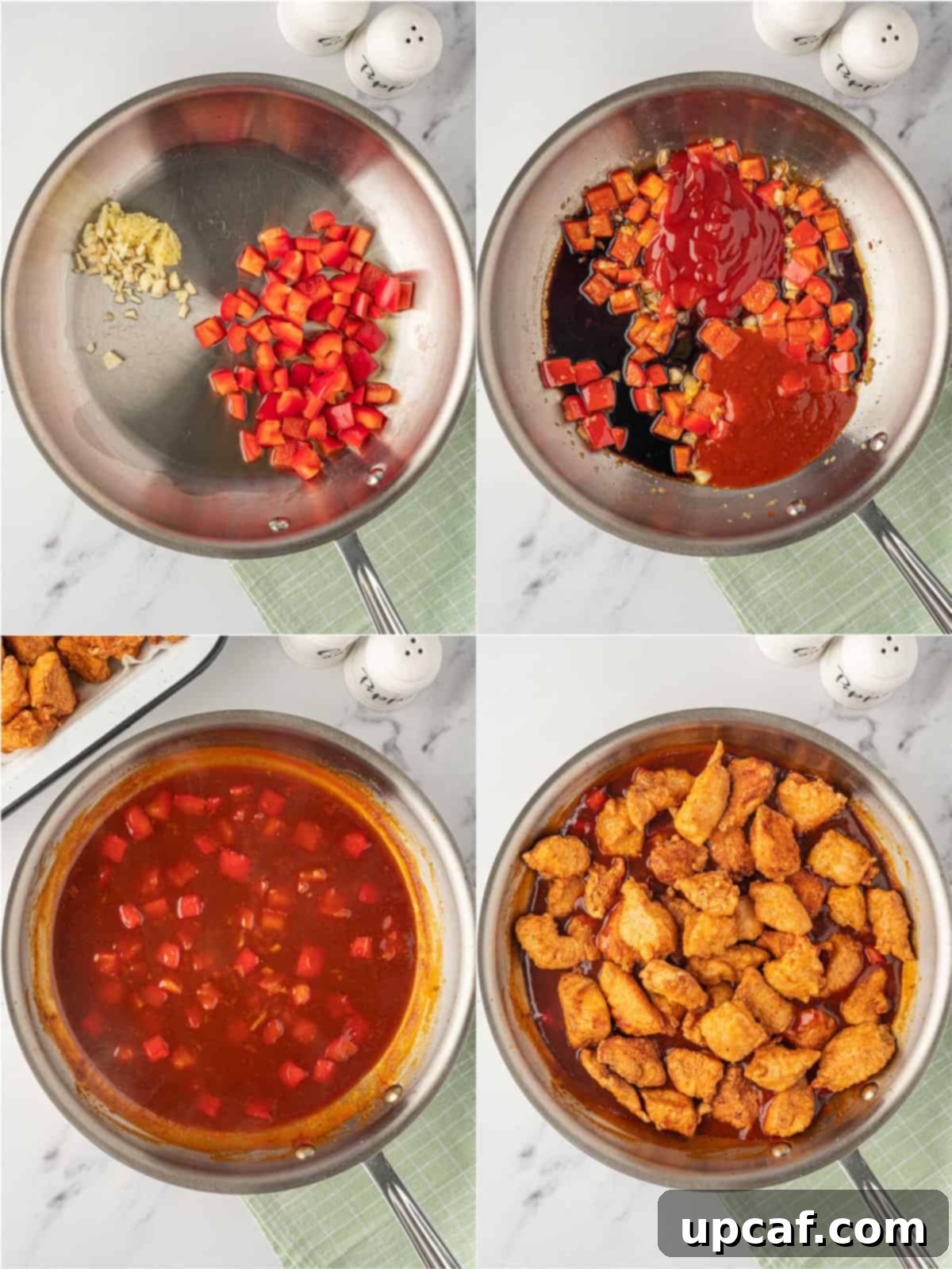 Crispy Garlic Chili Chicken 6 The vibrant, glossy Manchurian sauce simmering in a large skillet, with visible bell pepper pieces.