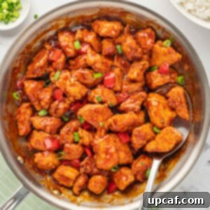 Crispy Garlic Chili Chicken 10 A spoon lifts a serving of Indo-Chinese chicken recipe.