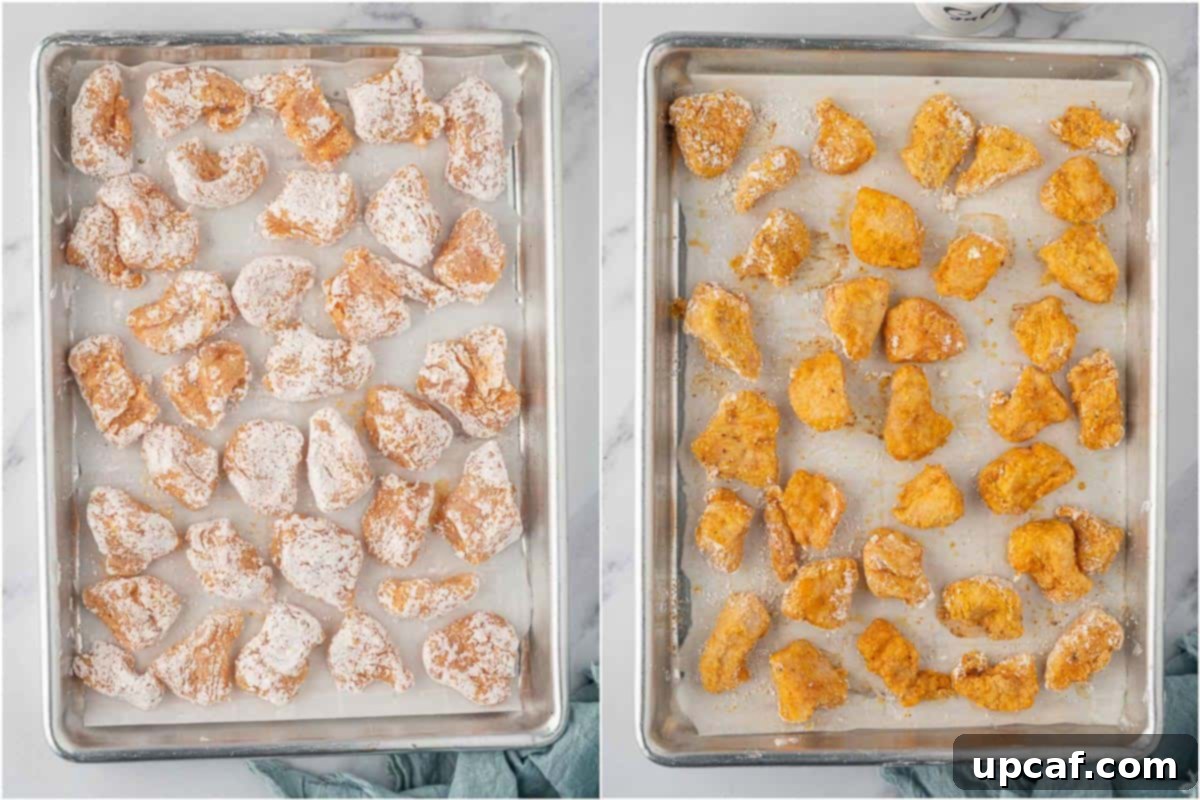 Before and after of baked chicken bites coated in cornstarch.