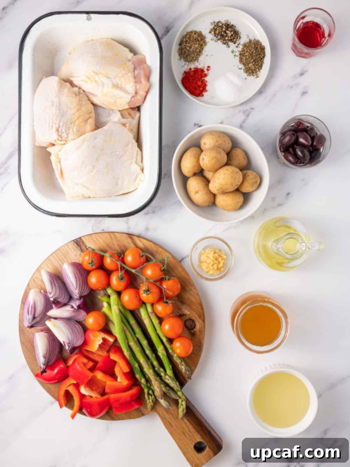 Ingredients needed for Mediterranean baked chicken.
