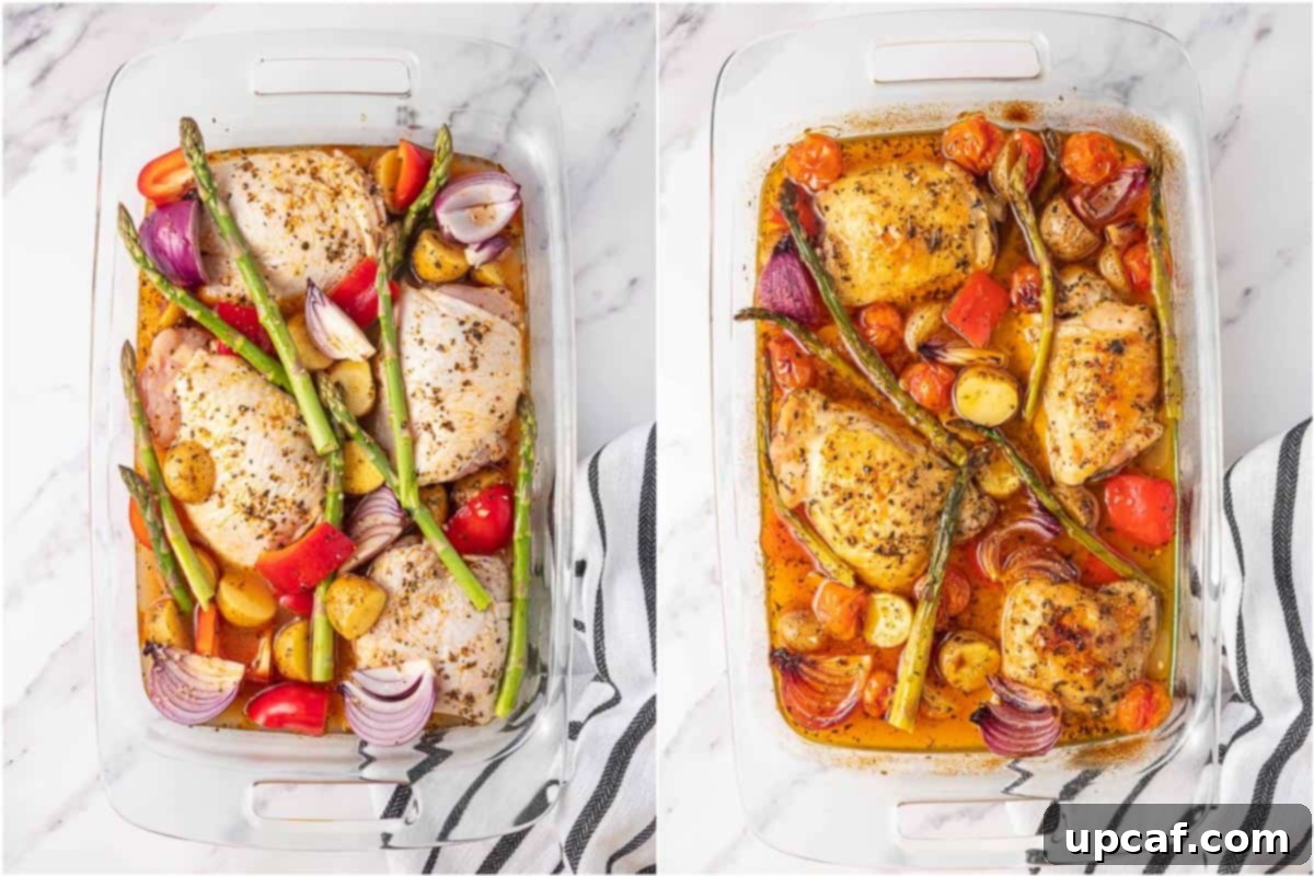 Before and after baking chicken with olives and vegetables.