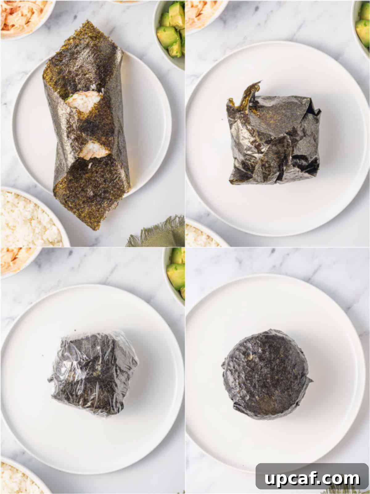 A demonstration of how to expertly fold a Japanese seaweed wrap around the sushi burger fillings to secure them.