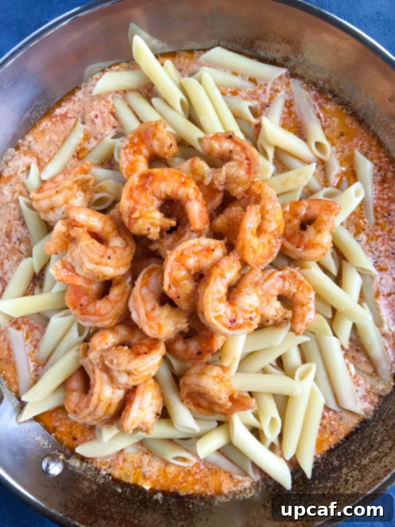 Velvet Shrimp Penne in Red Pepper Cream 2 Cooking Creamy Shrimp Penne Pasta With Red Pepper Sauce in a skillet