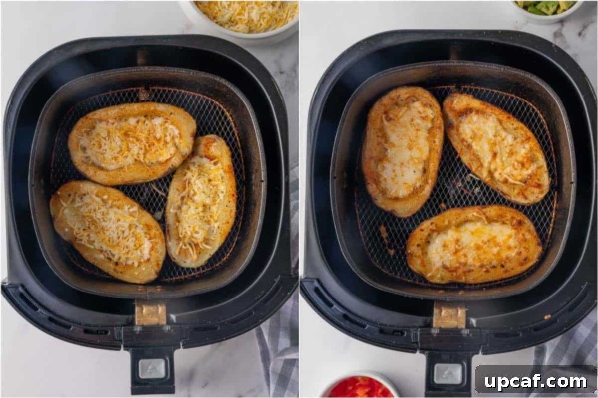 Crispy Air Fryer Potato Skins 6 Homemade potato skins with cheese in the air fryer.